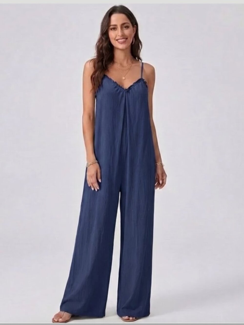 LAST ONE 🔥 Boho Cotton Ruffle Trim Loose Fitting Wide Leg Jumpsuit Blue